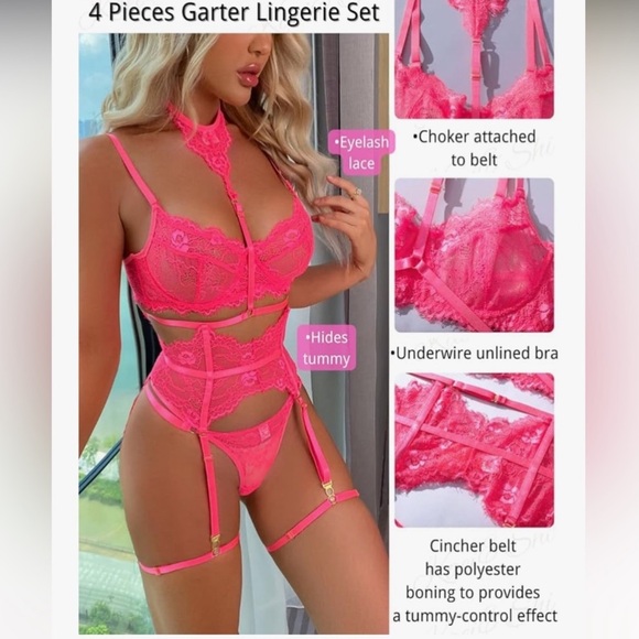 Neon Pink Lace 4 Piece Lingerie Set with Choker and Garters. - Picture 3 of 7